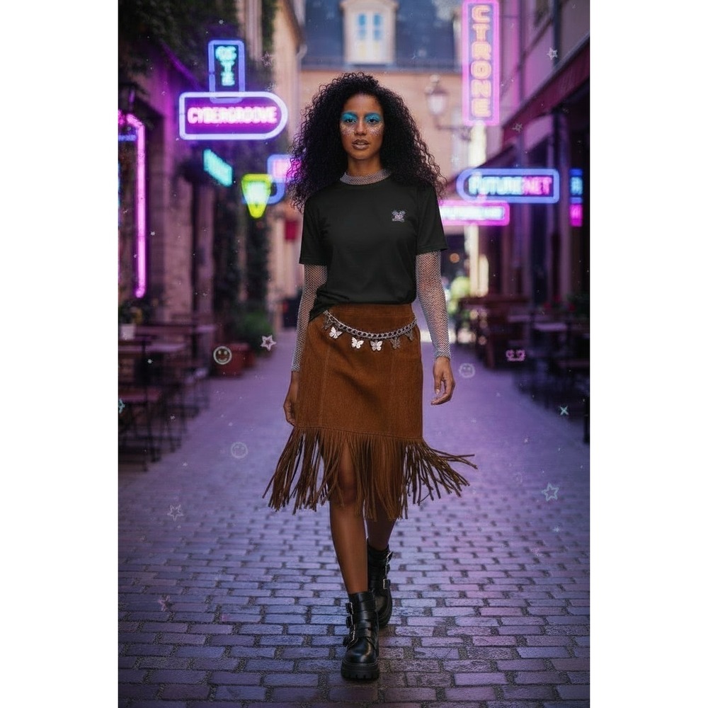 CUSP BY NEIMAN MARCUS Suede/Leather Y2K Fringe Skirt Brown Sz S BOHO/Western